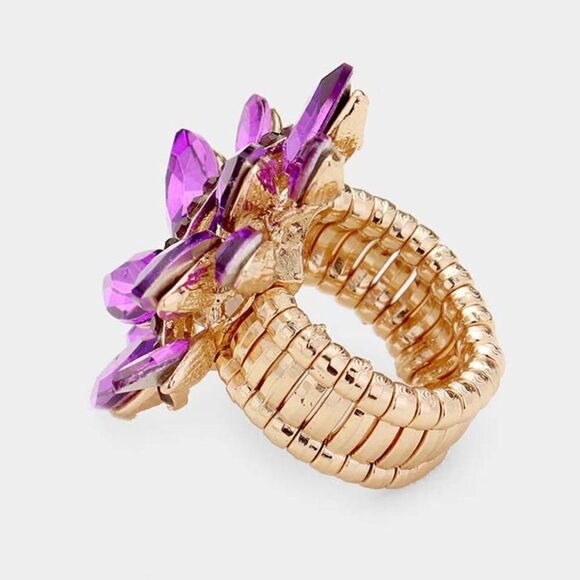 Marquise Purple Crystal Cluster Gold Stretch Ring - Picture 2 of 6